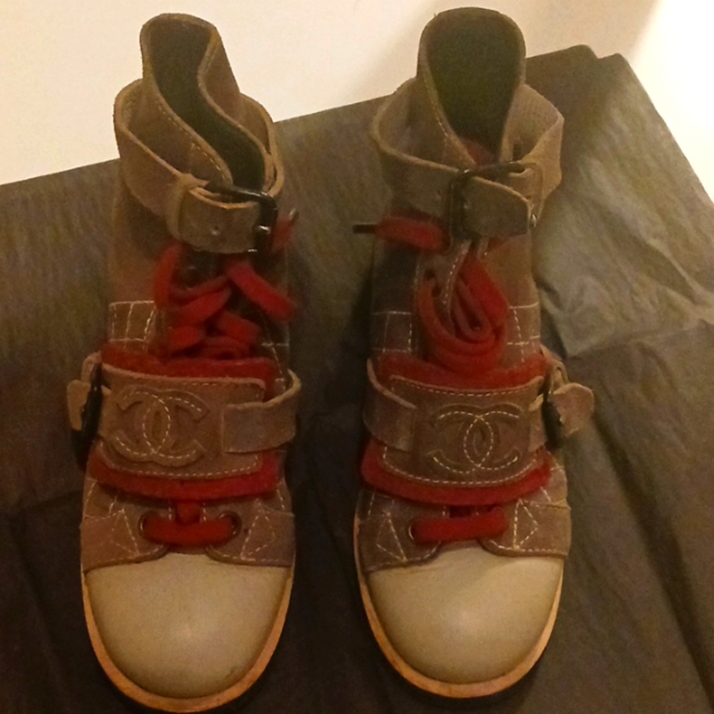 Chanel Taupe & Red Ankle Boots